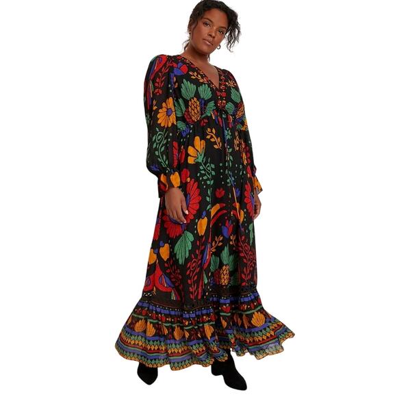 Farm Rio Georgette maxi floral long sleeved v neck dress size Petite Small - Picture 1 of 15